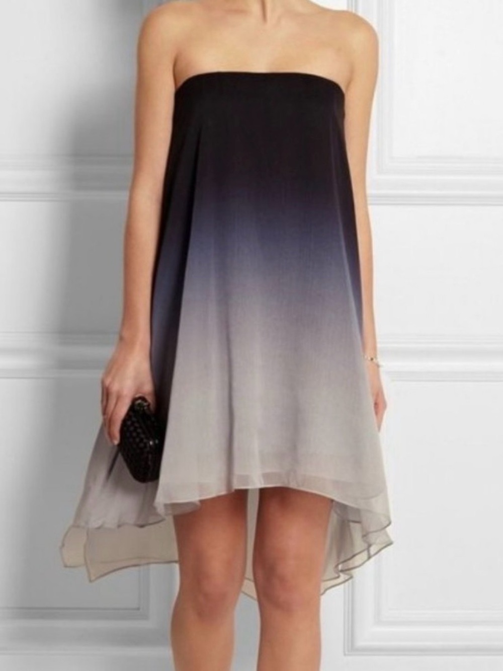 Halston Heritage Chiffon Ombre High Low Dress Black Gray Mist Size 6 Cocktail